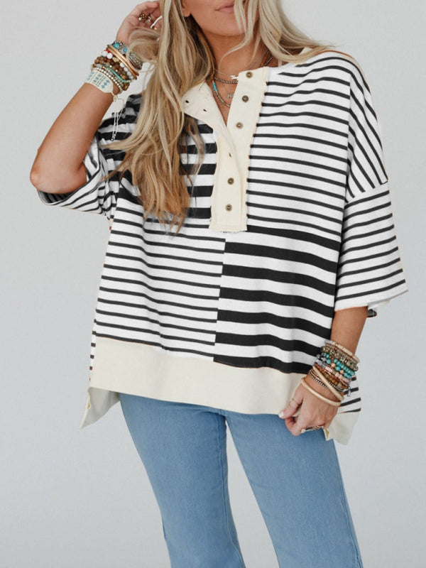 Oversized High-Low & Bold Stripes Half Button Up Pullover Top | Chuzko.com