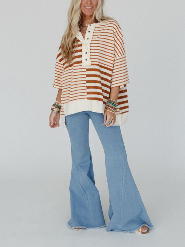 Oversized High-Low & Bold Stripes Half Button Up Pullover Top | Chuzko.com