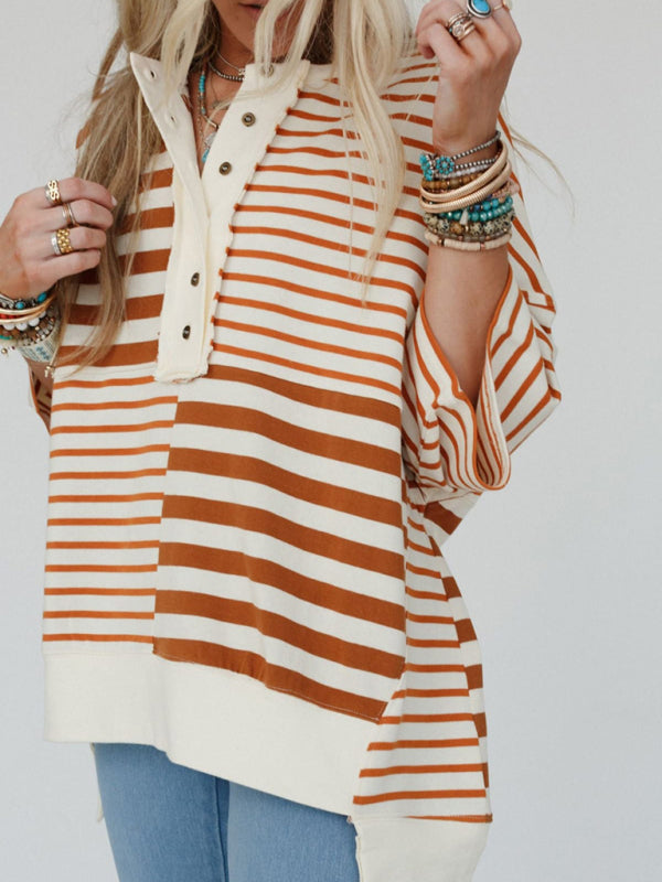 Oversized High-Low & Bold Stripes Half Button Up Pullover Top | Chuzko.com