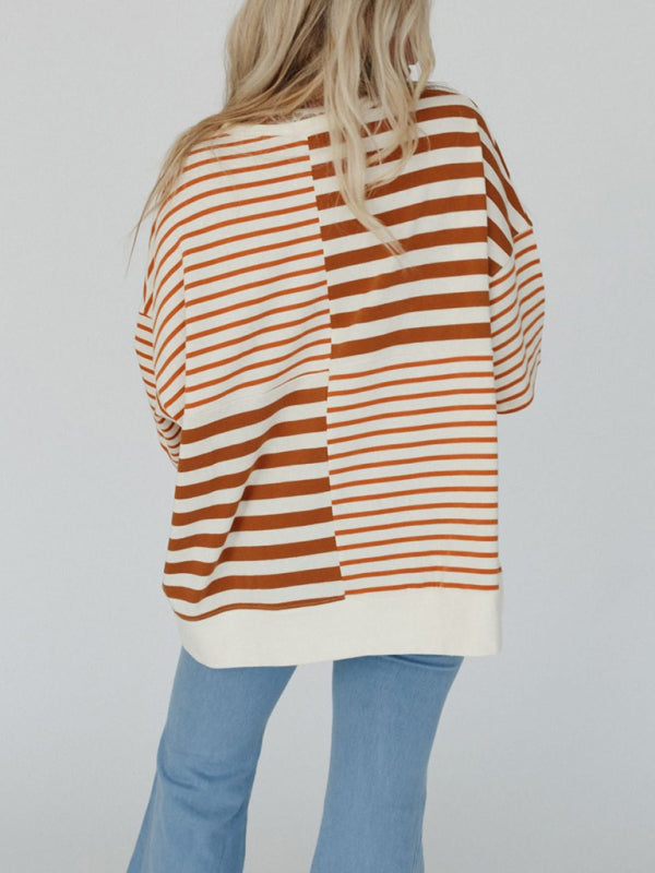 Oversized High-Low & Bold Stripes Half Button Up Pullover Top | Chuzko.com