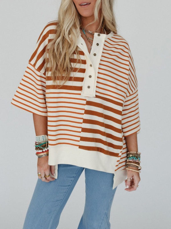 Oversized High-Low & Bold Stripes Half Button Up Pullover Top | Chuzko.com