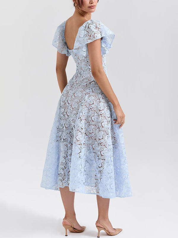 Sweetheart Lace Midi Dress with Inner Lining and Ruffle Sleeves | Chuzko.com