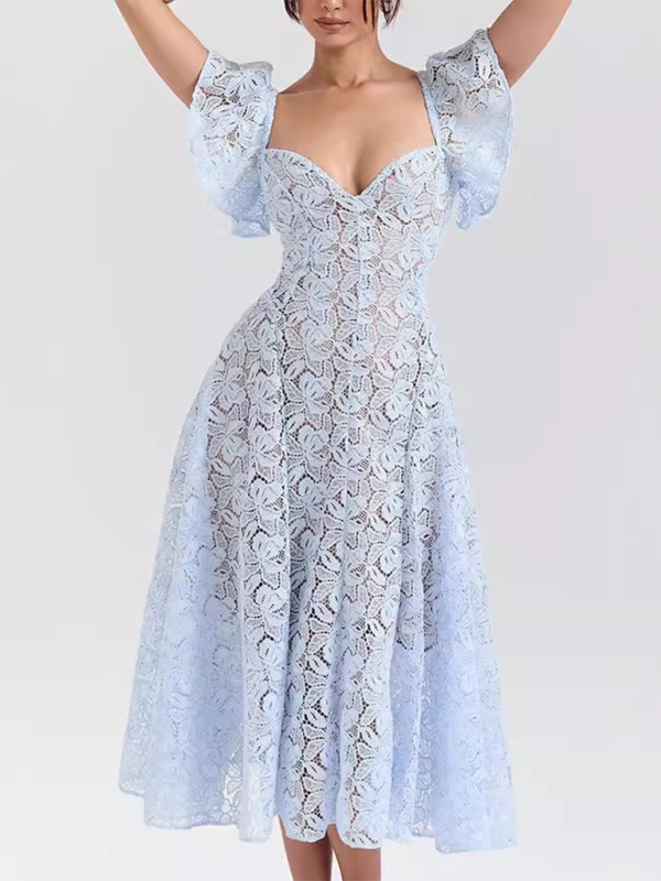 Sweetheart Lace Midi Dress with Inner Lining and Ruffle Sleeves | Chuzko.com