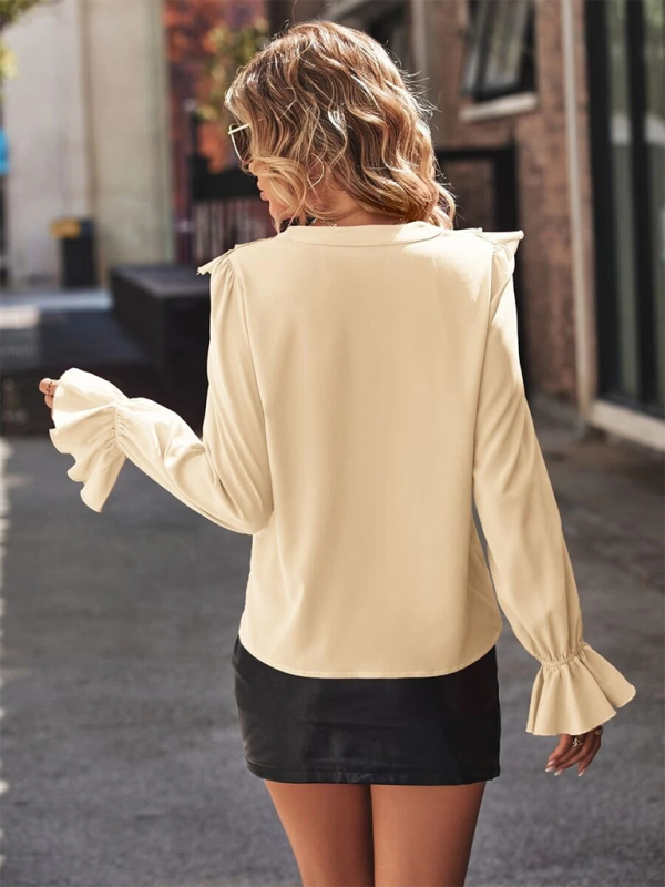 Ruffled V-neck & Poet Sleeves Fancy Blouse Blouses | Chuzko.com