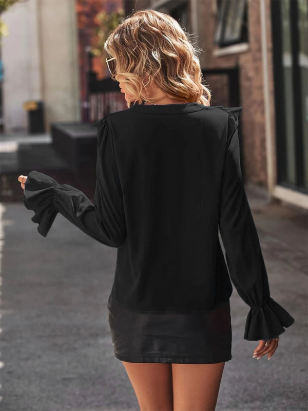 Ruffled V-neck & Poet Sleeves Fancy Blouse Blouses | Chuzko.com