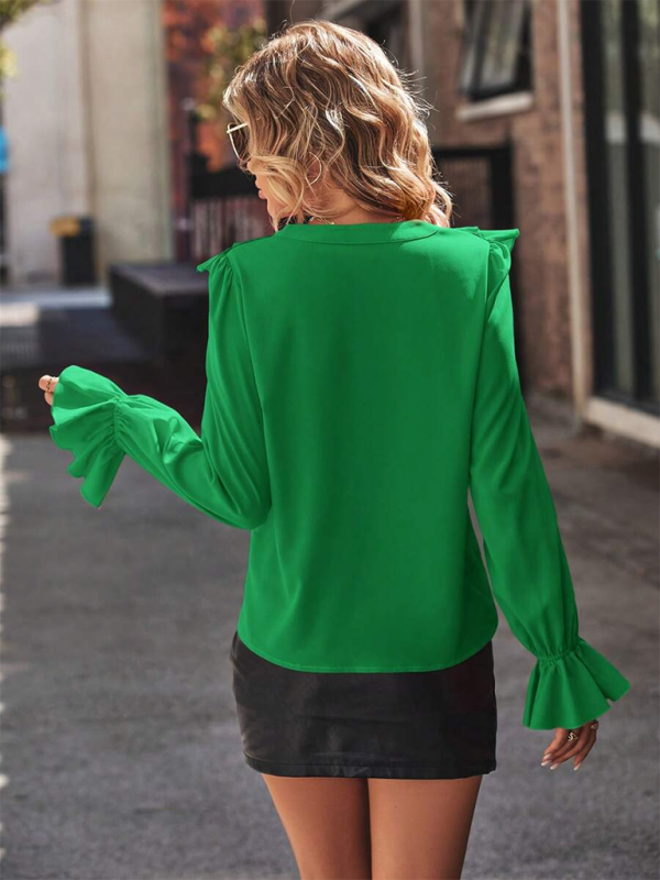 Ruffled V-neck & Poet Sleeves Fancy Blouse Blouses | Chuzko.com