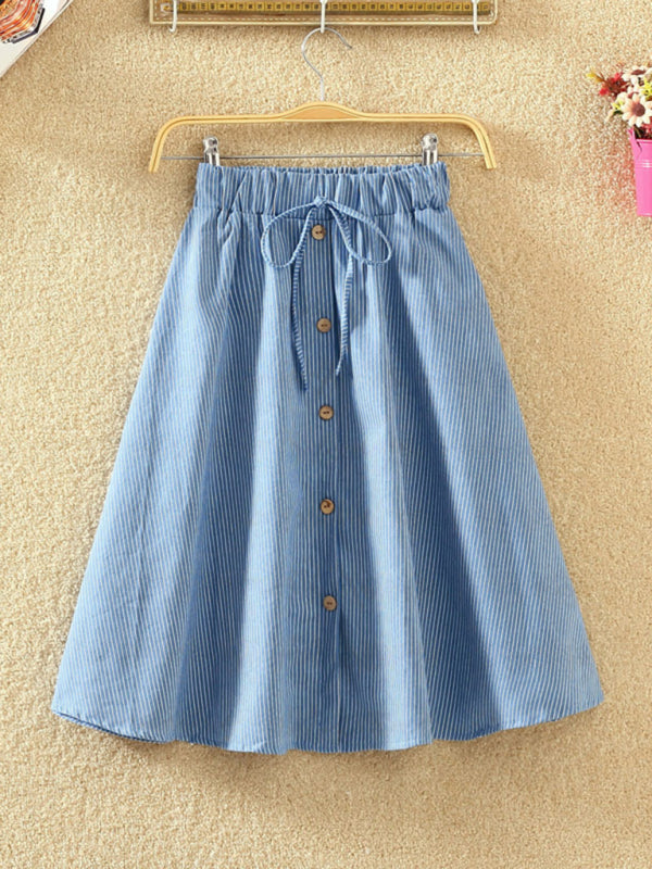 Elastic Waist Button-Down A-Line Denim Skirts – Perfect for Casual Outings	