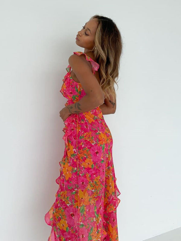 Luxurious Floral Print & Ruffles V-Neck Midi Dress Maxi Dresses | Chuzko.com