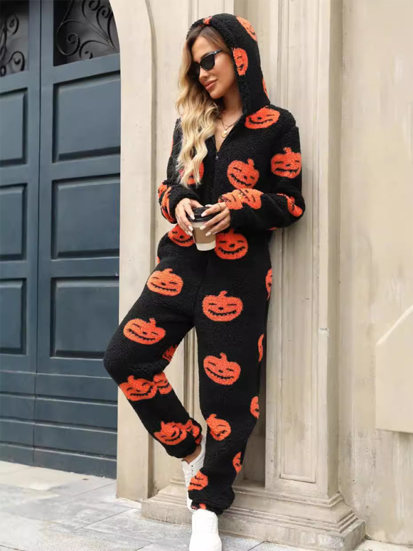 Halloween Pumpkin Print Zip Up Jumpsuit Halloween Jumpsuits | Chuzko.com