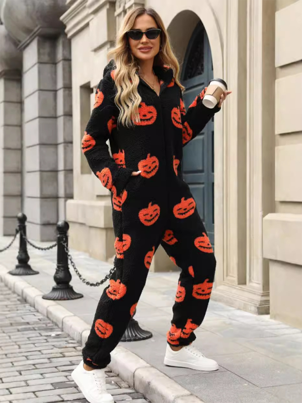 Halloween Pumpkin Print Zip Up Jumpsuit Halloween Jumpsuits | Chuzko.com