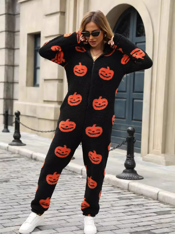 Halloween Pumpkin Print Zip Up Jumpsuit Halloween Jumpsuits | Chuzko.com