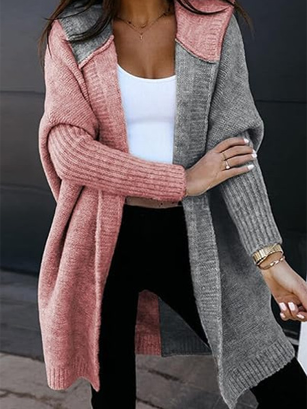 Hooded Cardigan Color Block Knitted Sweater	