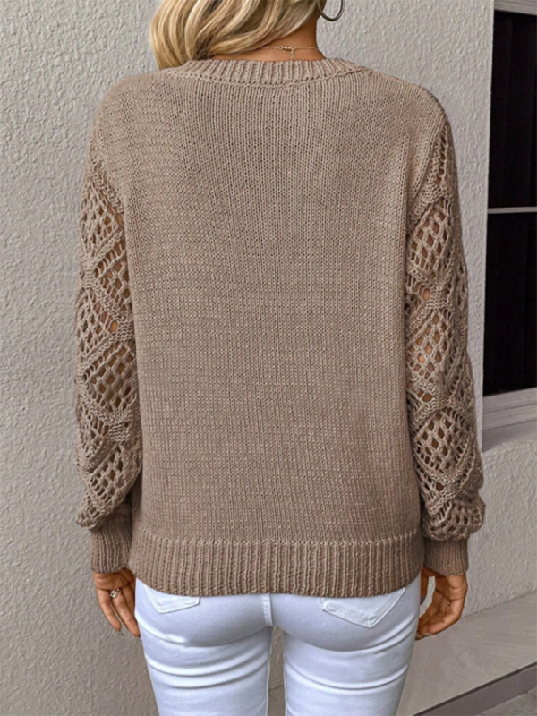 V-neck Hollow Out Embroidery Long Sleeve Sweater Knit Top | Chuzko.com