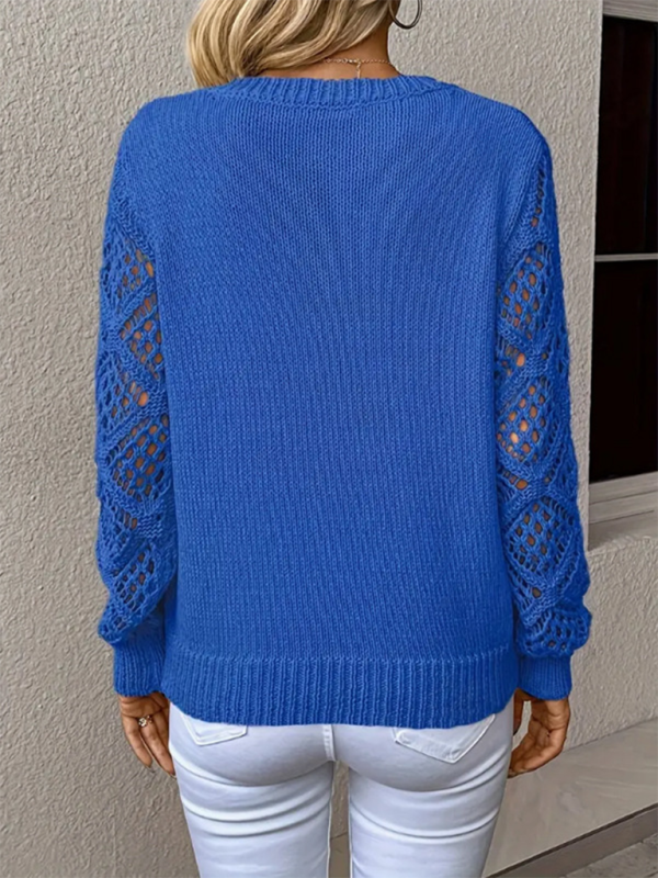 V-neck Hollow Out Embroidery Long Sleeve Sweater Knit Top | Chuzko.com