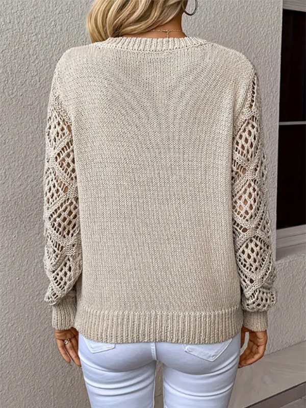 V-neck Hollow Out Embroidery Long Sleeve Sweater Knit Top | Chuzko.com