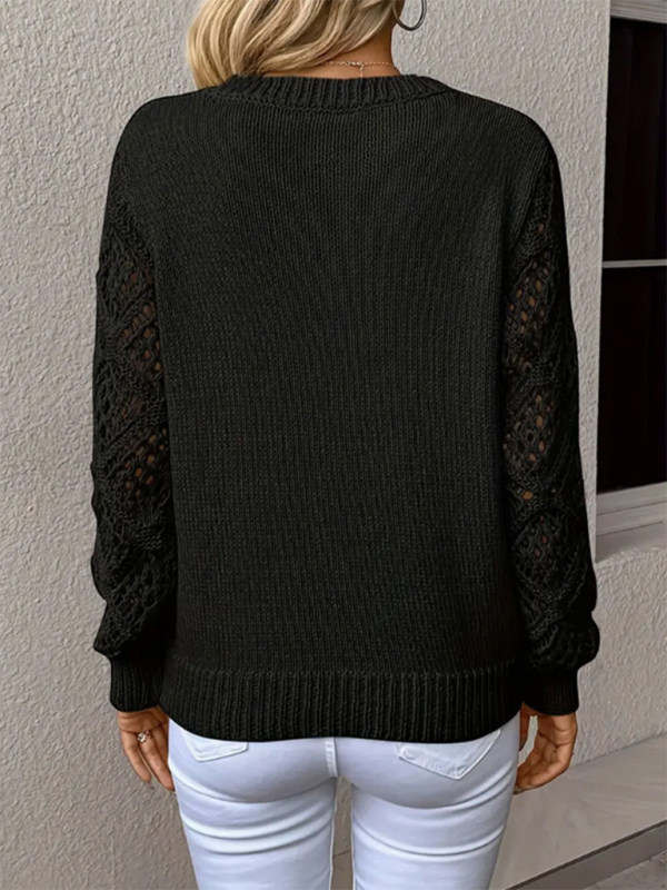 V-neck Hollow Out Embroidery Long Sleeve Sweater Knit Top | Chuzko.com