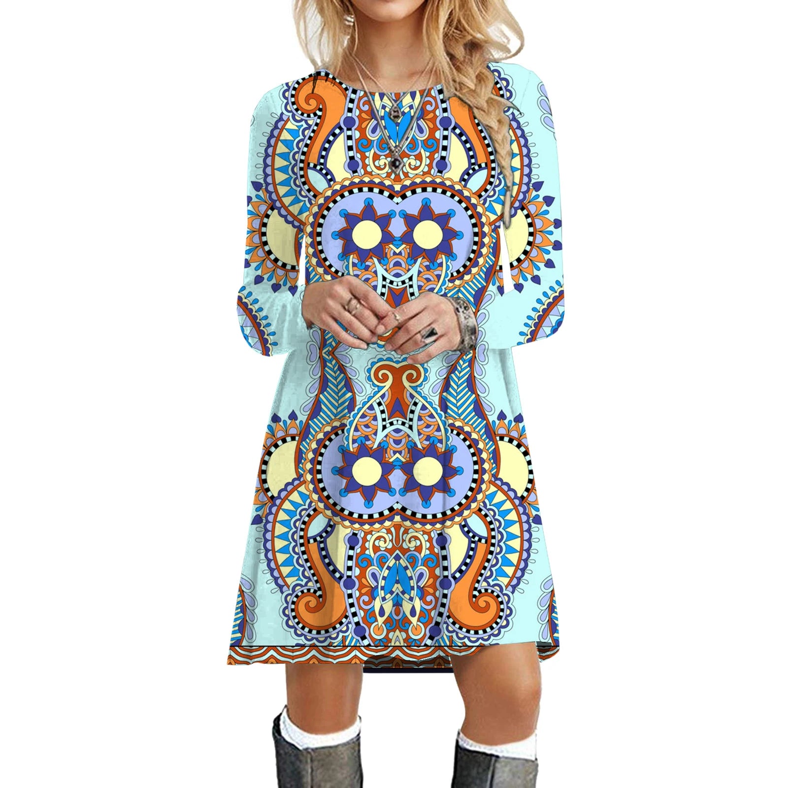 Ethnic Retro Long Sleeve Boho Print Mini Dress for Art Festivals | Chuzko.com