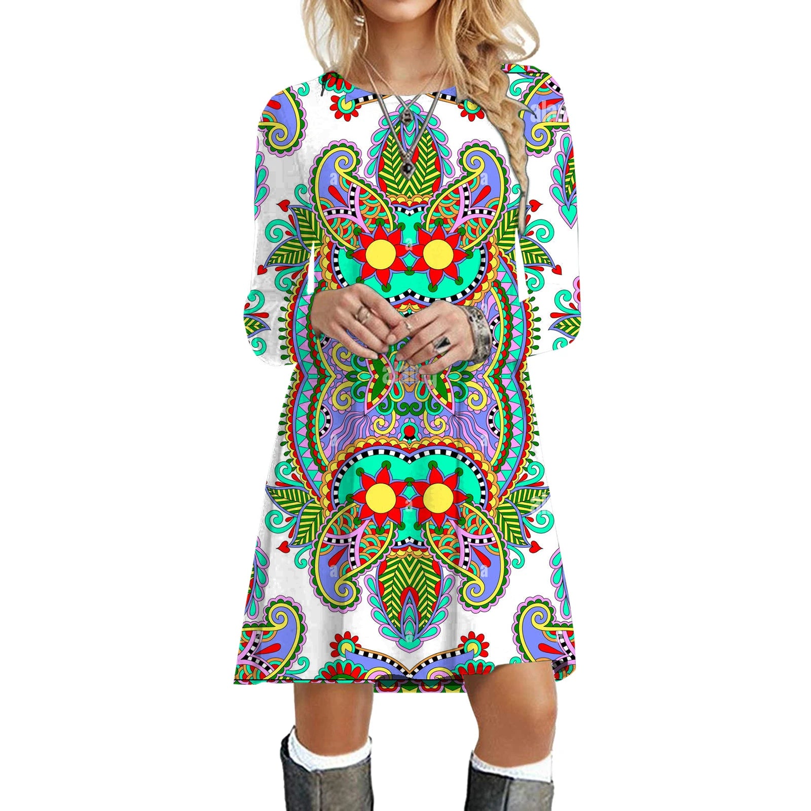 Ethnic Retro Long Sleeve Boho Print Mini Dress for Art Festivals | Chuzko.com