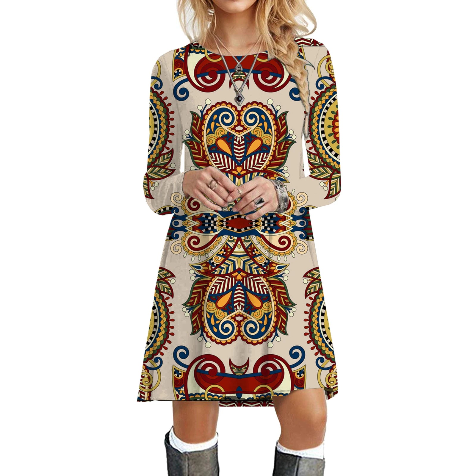 Ethnic Retro Long Sleeve Boho Print Mini Dress for Art Festivals | Chuzko.com