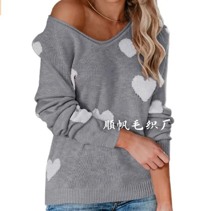 Scoop Neck Cold Shoulder Girly Hearts Sweaters Women Sweaters | Chuzko.com