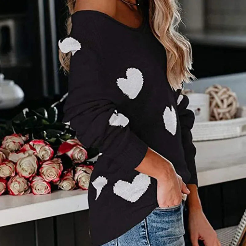 Scoop Neck Cold Shoulder Girly Hearts Sweaters Women Sweaters | Chuzko.com