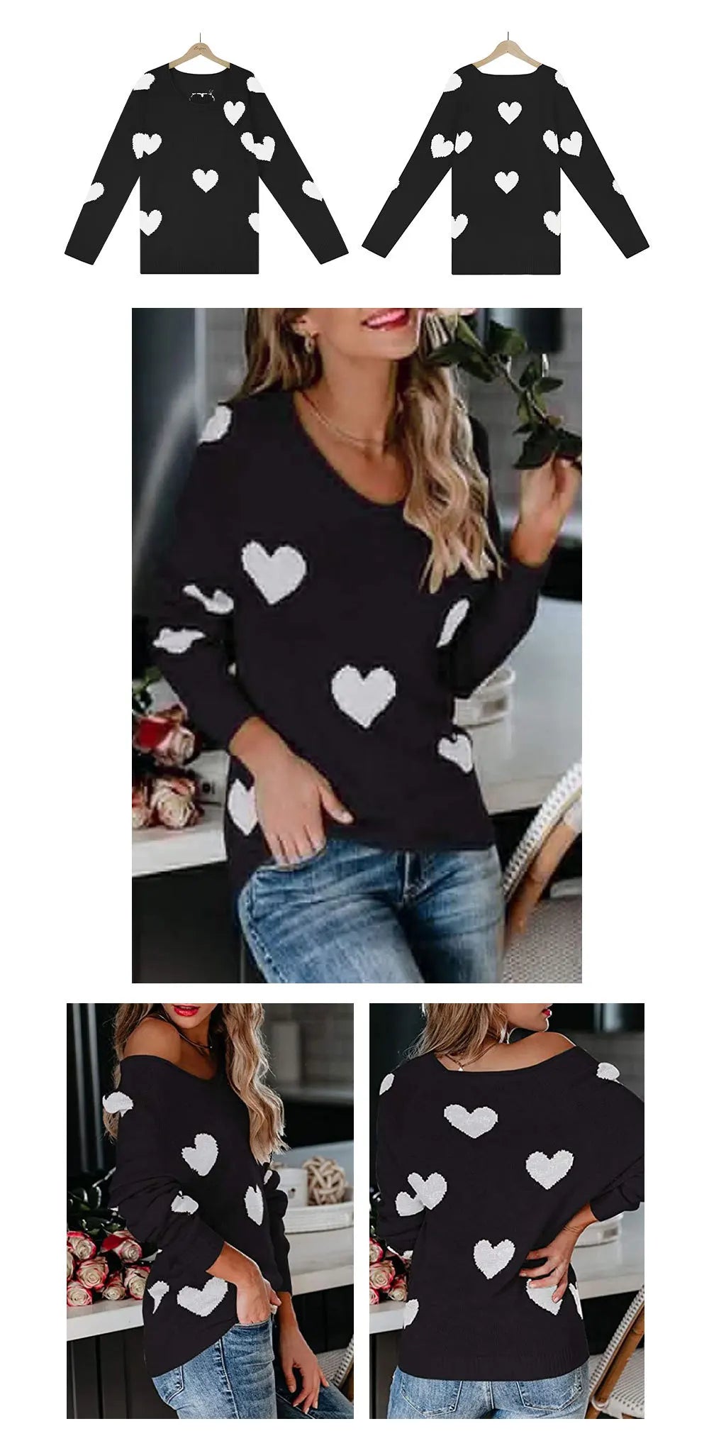 Scoop Neck Cold Shoulder Girly Hearts Sweaters Women Sweaters | Chuzko.com