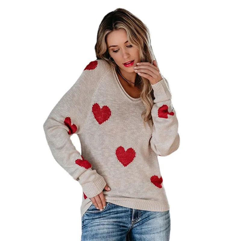 Scoop Neck Cold Shoulder Girly Hearts Sweaters Women Sweaters | Chuzko.com