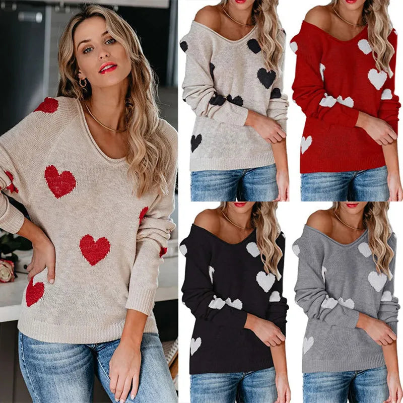 Scoop Neck Cold Shoulder Girly Hearts Sweaters Women Sweaters | Chuzko.com