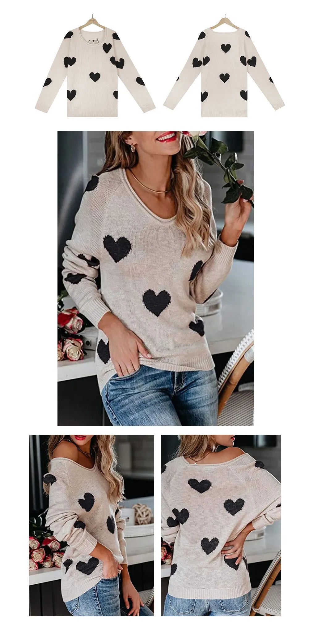 Scoop Neck Cold Shoulder Girly Hearts Sweaters Women Sweaters | Chuzko.com