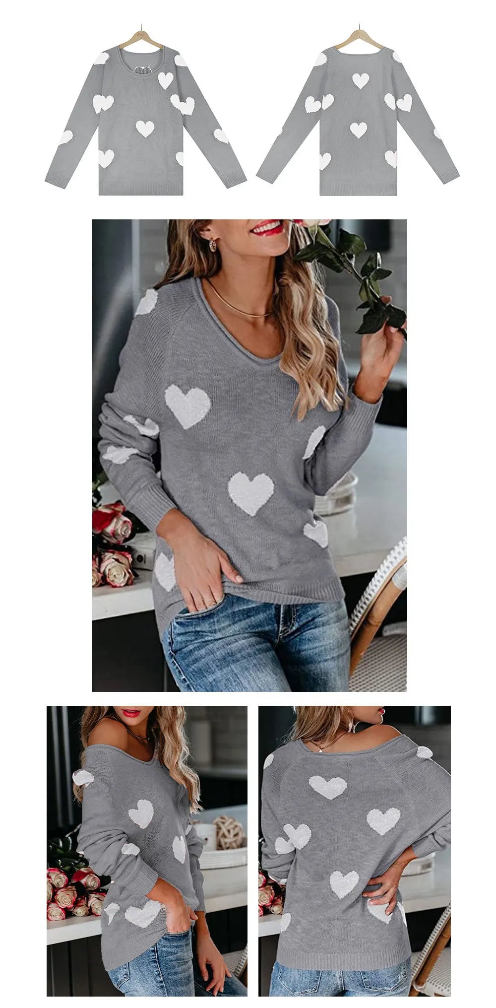 Scoop Neck Cold Shoulder Girly Hearts Sweaters Women Sweaters | Chuzko.com