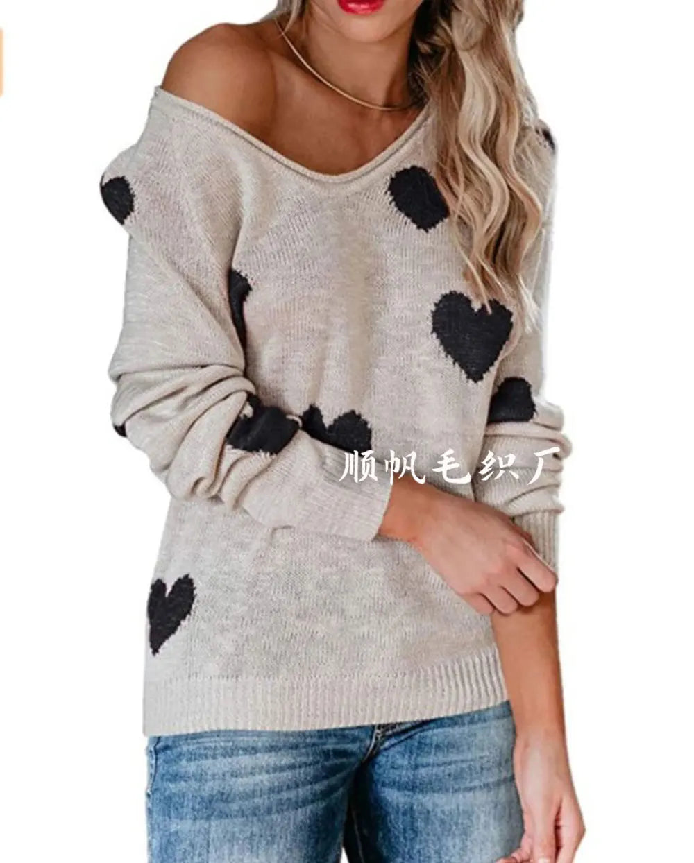 Scoop Neck Cold Shoulder Girly Hearts Sweaters Women Sweaters | Chuzko.com