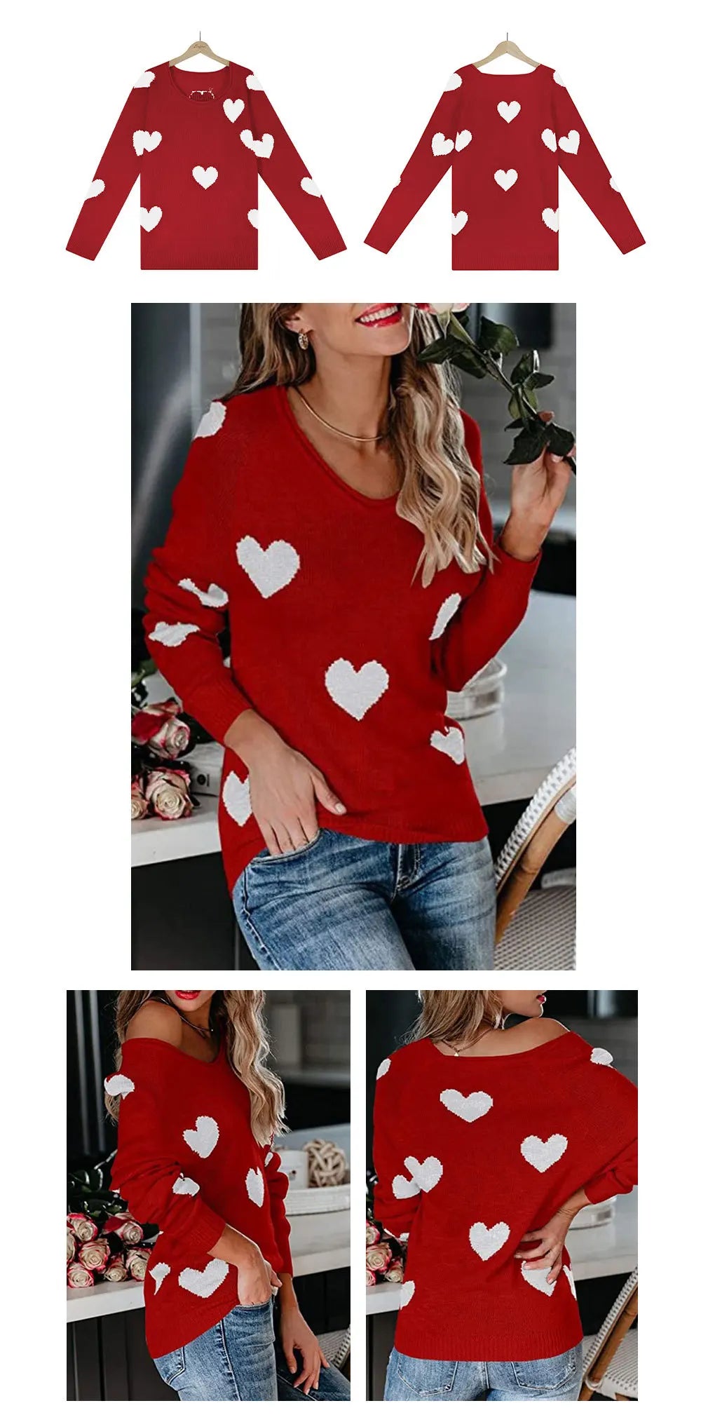 Scoop Neck Cold Shoulder Girly Hearts Sweaters Women Sweaters | Chuzko.com