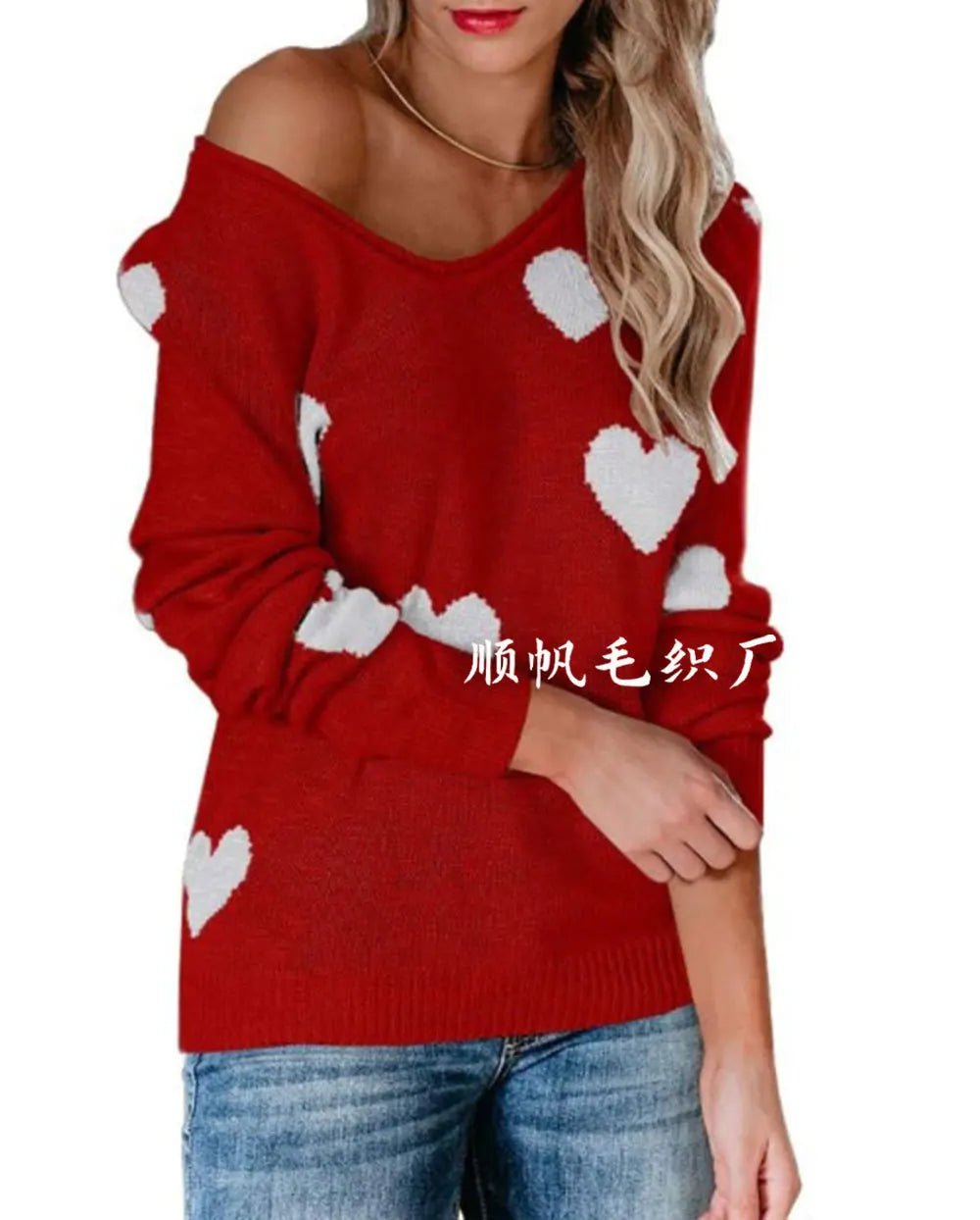 Scoop Neck Cold Shoulder Girly Hearts Sweaters	