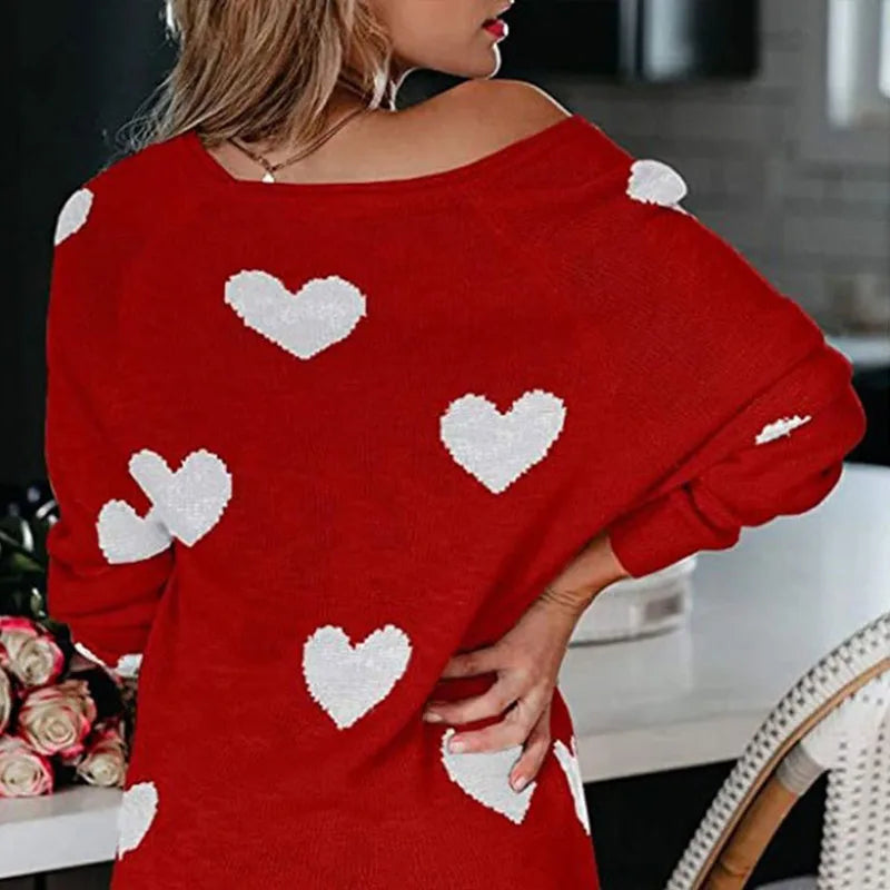 Scoop Neck Cold Shoulder Girly Hearts Sweaters Women Sweaters | Chuzko.com