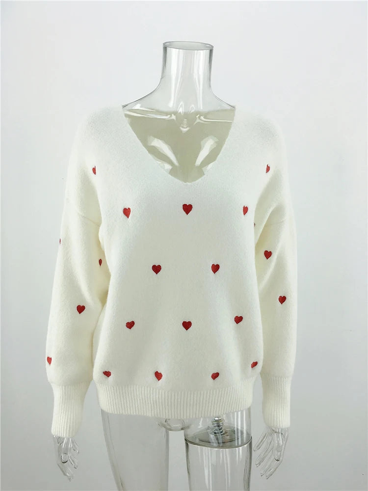 V Neck Cold Shoulder Mini Heart Sweater Women Sweaters | Chuzko.com