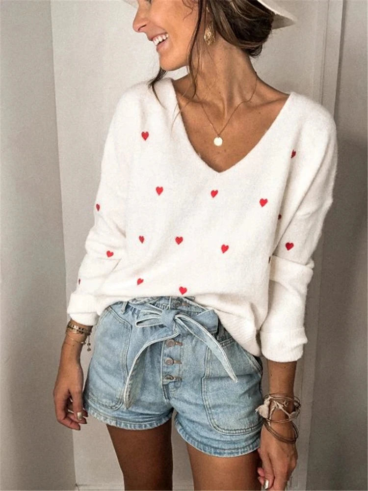 V Neck Cold Shoulder Mini Heart Sweater Women Sweaters | Chuzko.com