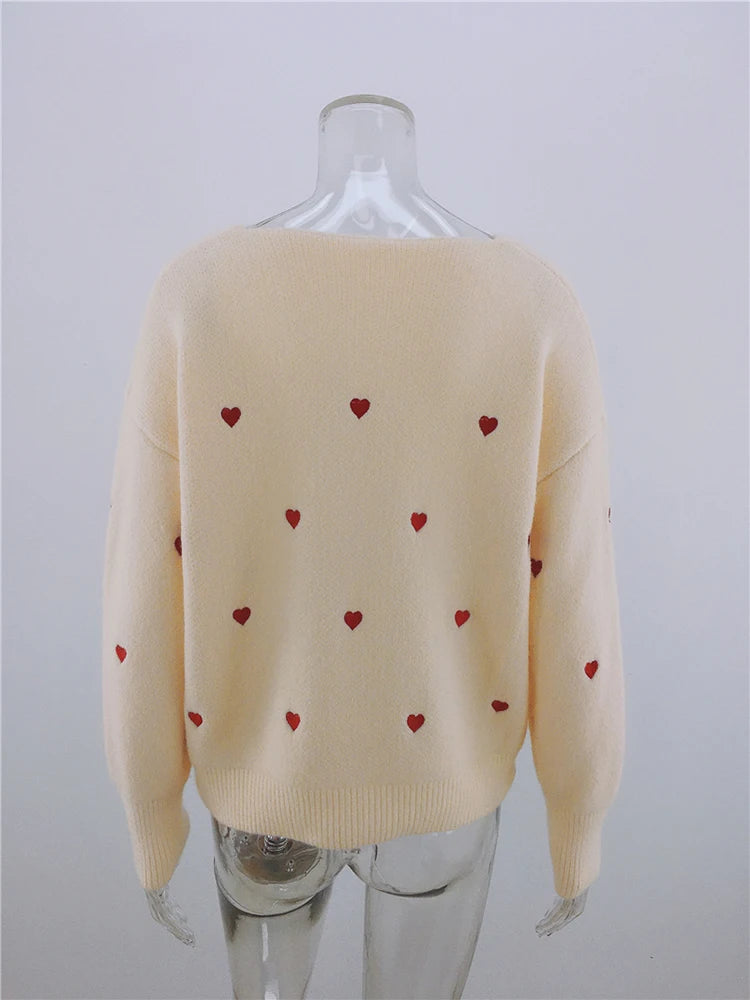 V Neck Cold Shoulder Mini Heart Sweater Women Sweaters | Chuzko.com