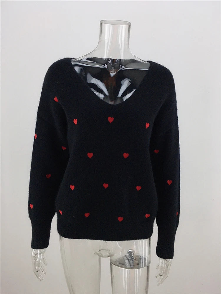 V Neck Cold Shoulder Mini Heart Sweater Women Sweaters | Chuzko.com