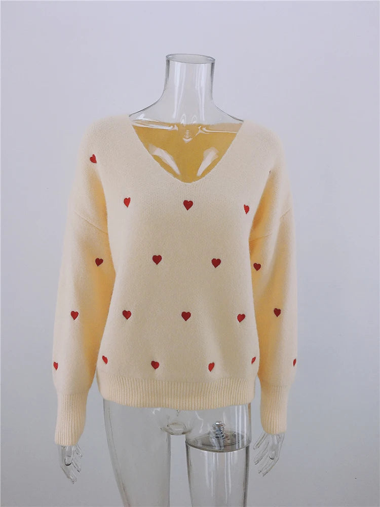 V Neck Cold Shoulder Mini Heart Sweater Women Sweaters | Chuzko.com