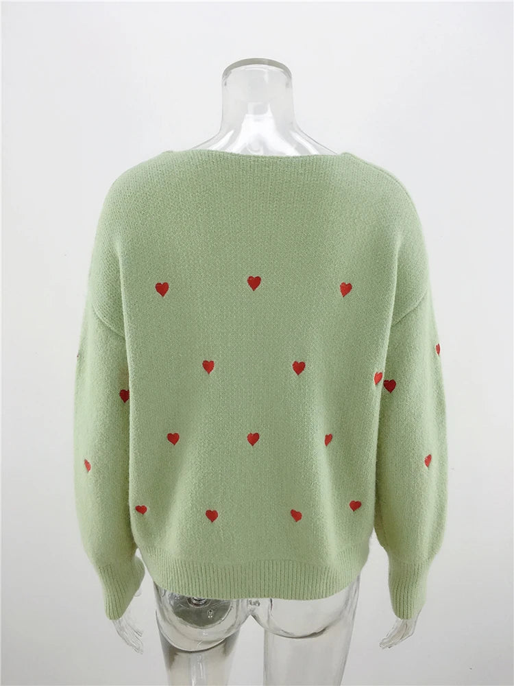 V Neck Cold Shoulder Mini Heart Sweater Women Sweaters | Chuzko.com