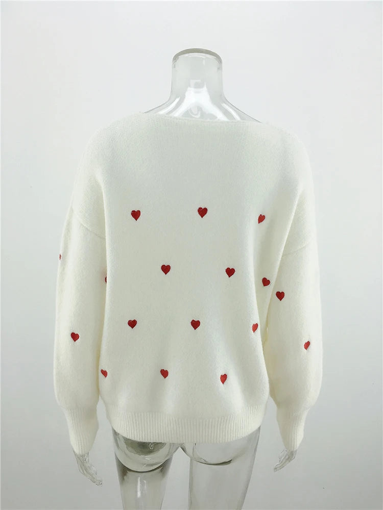 V Neck Cold Shoulder Mini Heart Sweater Women Sweaters | Chuzko.com