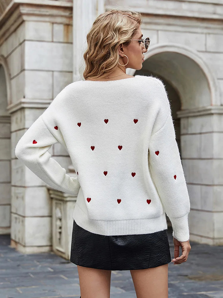 V Neck Cold Shoulder Mini Heart Sweater Women Sweaters | Chuzko.com