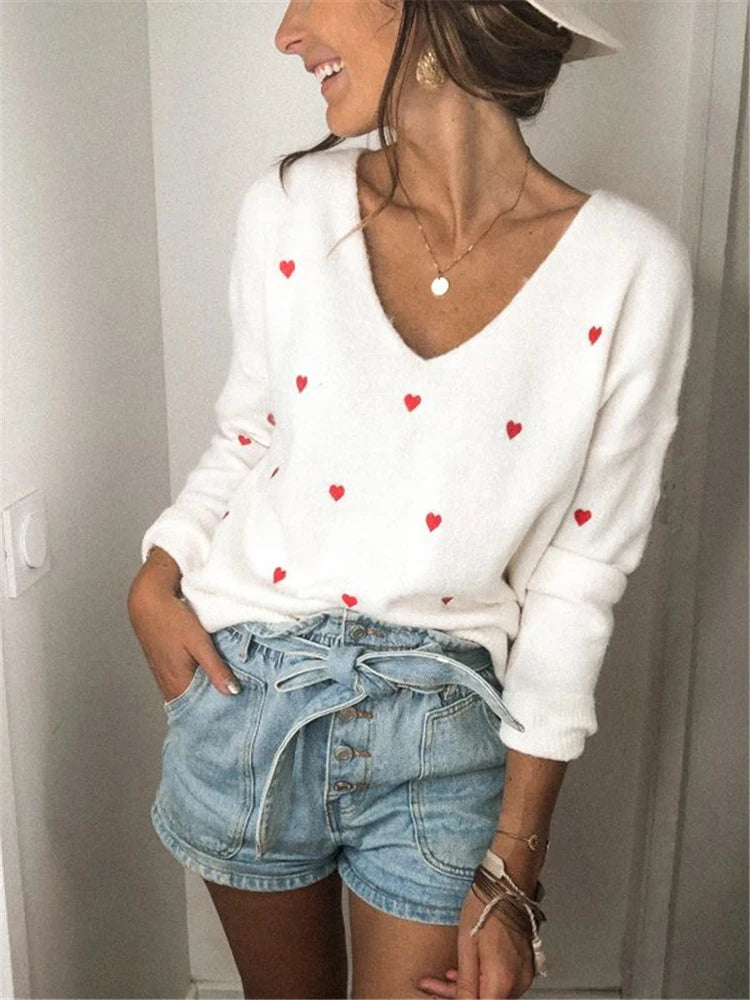 V Neck Cold Shoulder Mini Heart Sweater Women Sweaters | Chuzko.com