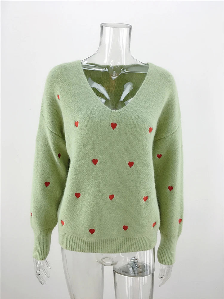 V Neck Cold Shoulder Mini Heart Sweater Women Sweaters | Chuzko.com