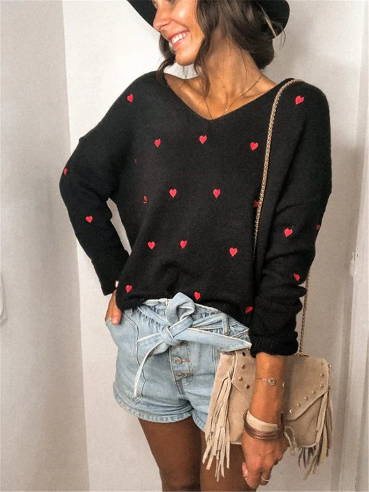 V Neck Cold Shoulder Mini Heart Sweater Women Sweaters | Chuzko.com