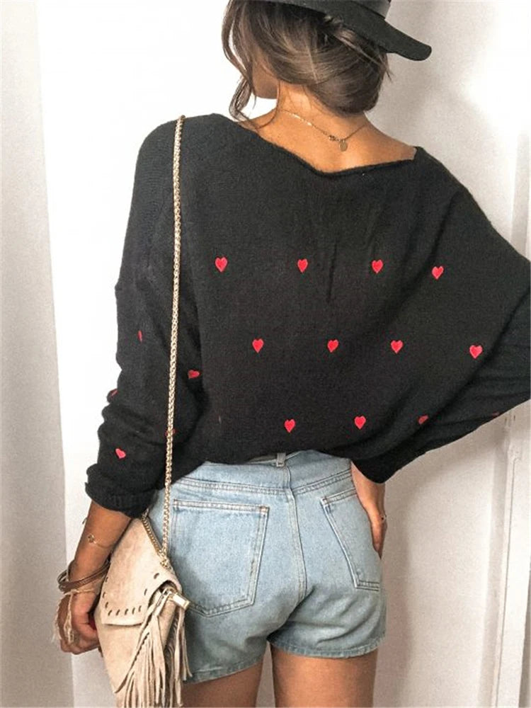 V Neck Cold Shoulder Mini Heart Sweater Women Sweaters | Chuzko.com