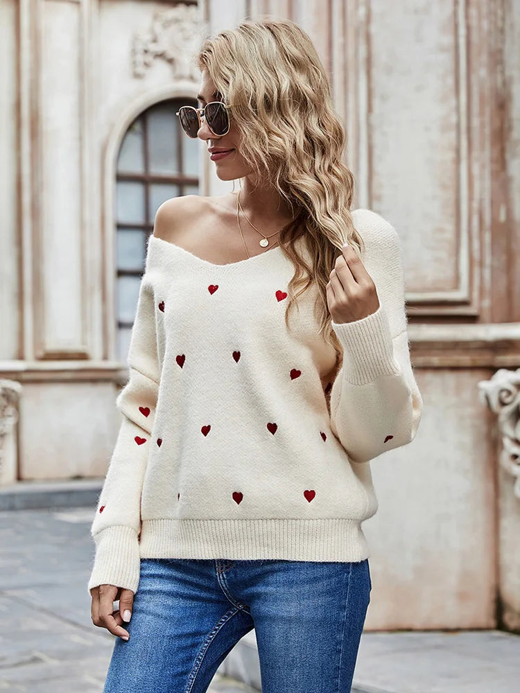 V Neck Cold Shoulder Mini Heart Sweater Women Sweaters | Chuzko.com