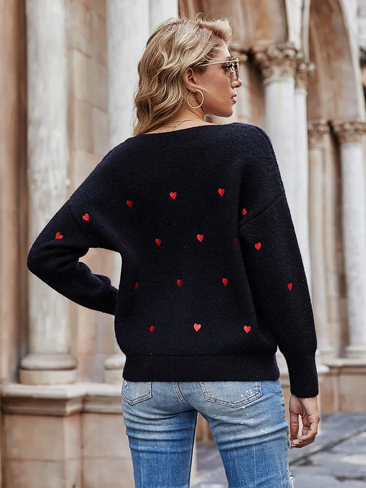 V Neck Cold Shoulder Mini Heart Sweater Women Sweaters | Chuzko.com