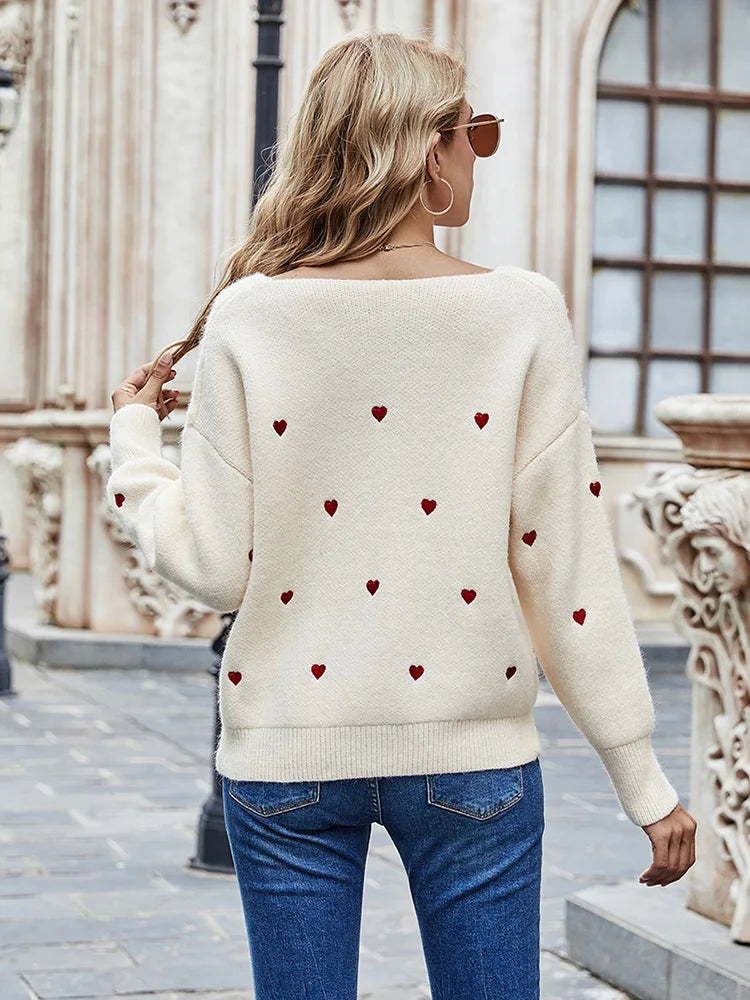 V Neck Cold Shoulder Mini Heart Sweater Women Sweaters | Chuzko.com