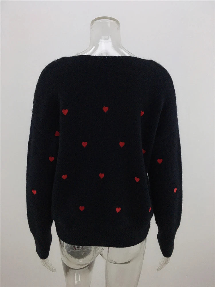 V Neck Cold Shoulder Mini Heart Sweater Women Sweaters | Chuzko.com